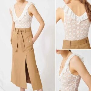 𝅺maje lace white sexy ruffle V-Neck bodysuit one piece size 3 or medium